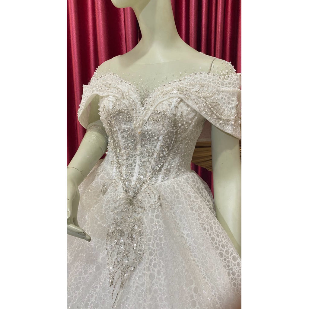 Gaun Pengantin Sabrina putih bersih 90-