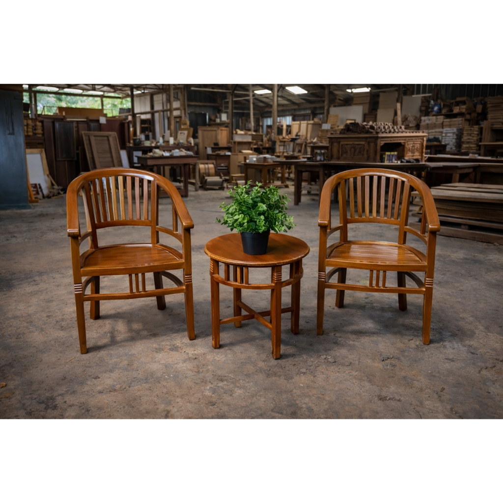 Set Kursi Teras Kayu Jati Jepara 2 Kursi 1 Meja Bulat | Kursi Teras Minimalis Betawi Full Kayu Jati