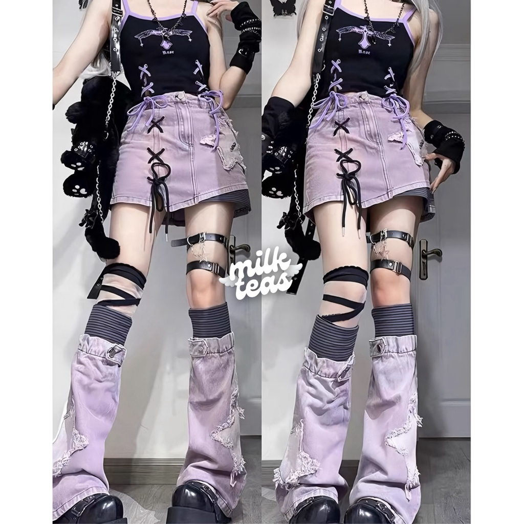 Lillie Denim Skirt Leg Warmer | MILKTEAS | Rok Jeans Denim Miniskirt Micro Skirt Ungu Lilac Harajuku