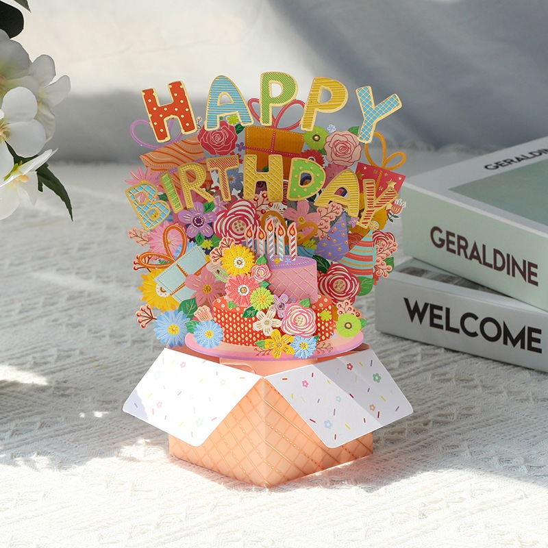 NEWKartu ucapan ulang tahun 3D, kotak hadiah berbentuk kue, dekorasi meja kreatif, amplop, kartu pes
