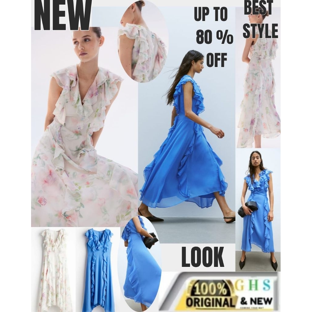 (ORIG*INAL ) DRES CANTIK TERBARU HNM V- NECK Line  Flounced Cihiffon RUFFLE Maxi Dress