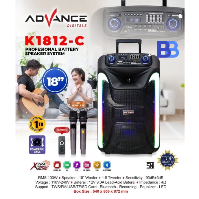 ADVANCE SPEAKER PORTABLE BLUETOOTH TROLI 18" K-1812C