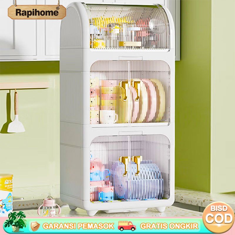RAPIHOME Rak Piring Tertutup Rak Piring Plastik Tertutup Estetik Minimalis Rak Piring 3 Susun Putih