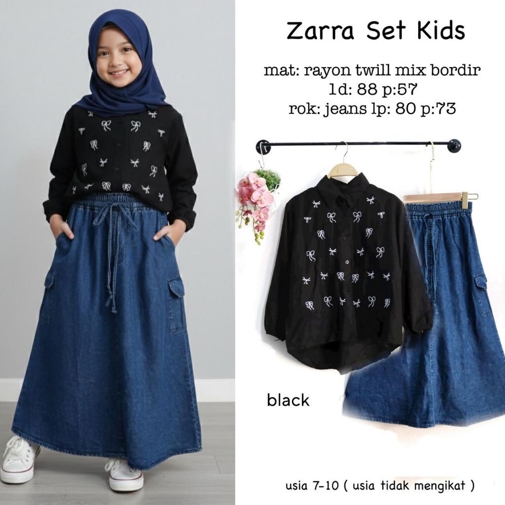 ZARRA SET KIDS BLOUSE + ROK JEANS - Baju Setelan Anak Perempuan Atasan Katun Twill Mix Bordir + Rok 