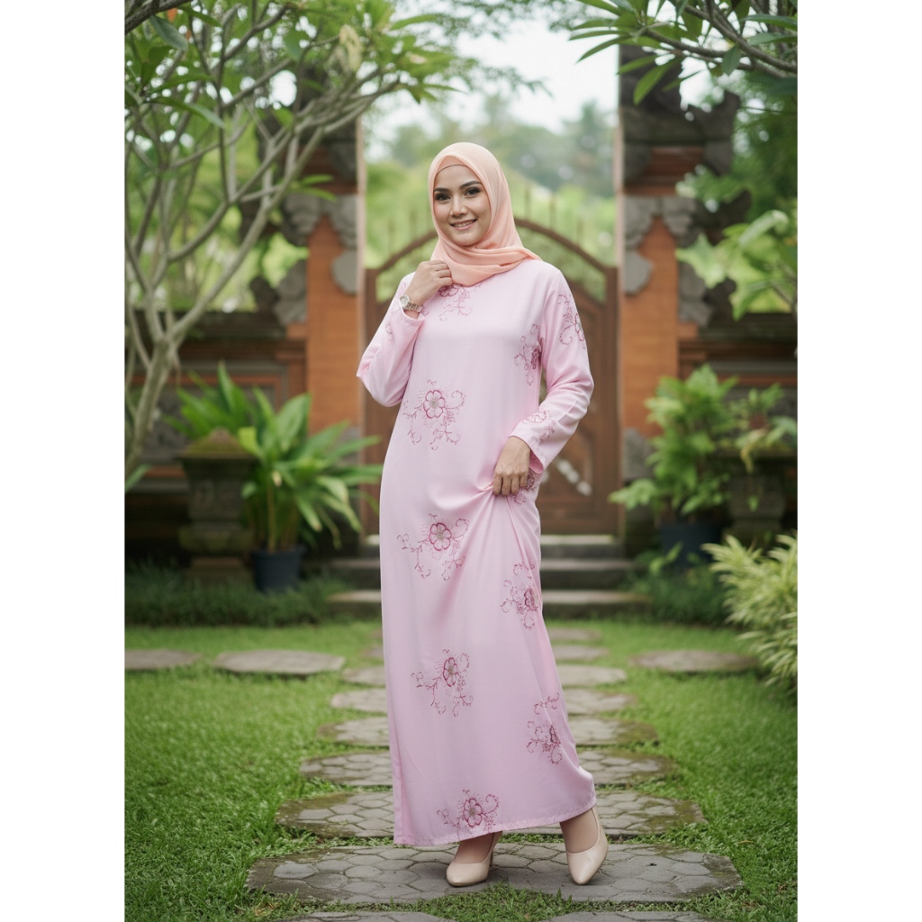 Gamis Bahan Tisu Pink-Tosca Muda