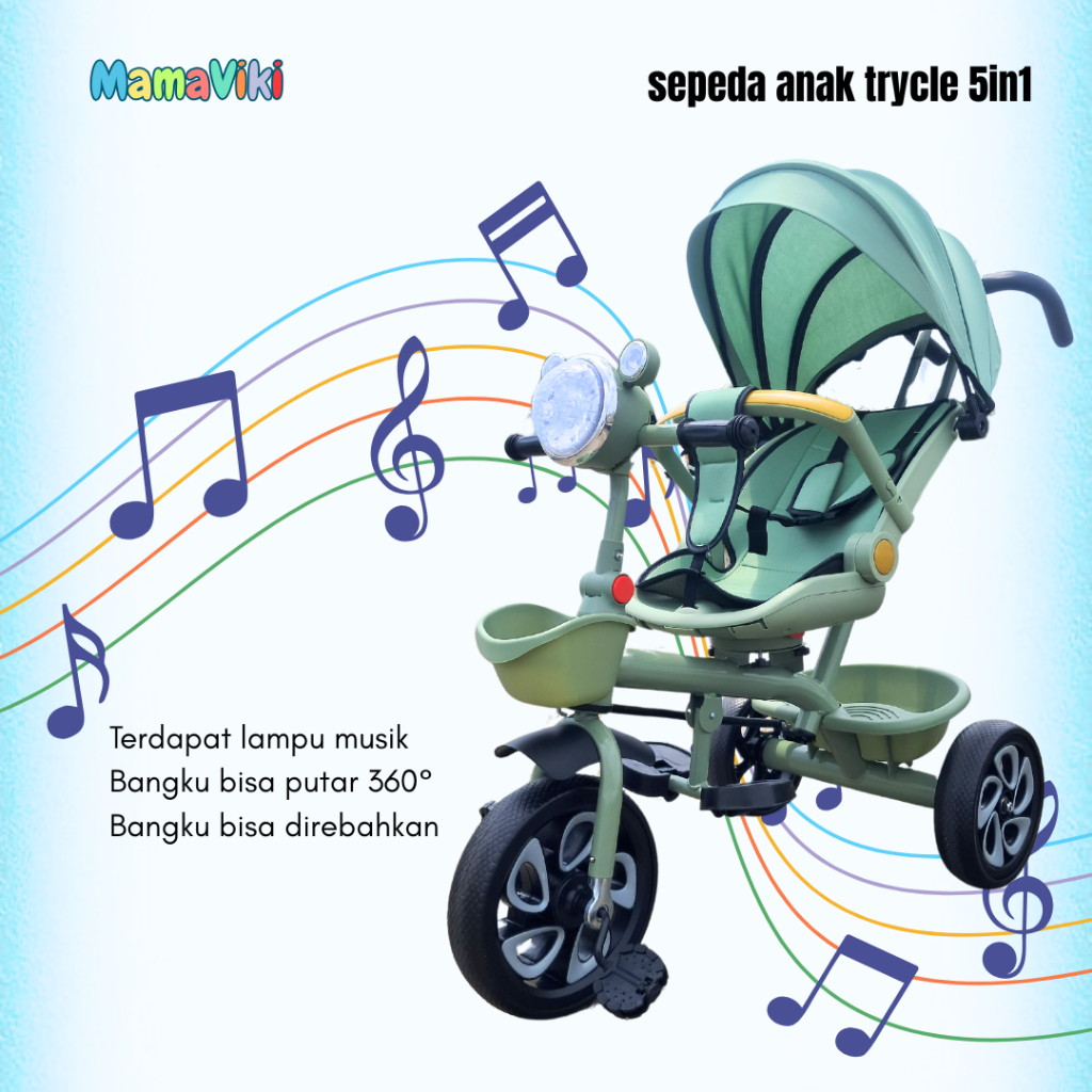 MamaViki Sepeda Anak 5in1 Roda 3 Tricycle Bayi Roda 3 Sepeda Stroller Dorong Tidur Duduk Musik Lampu