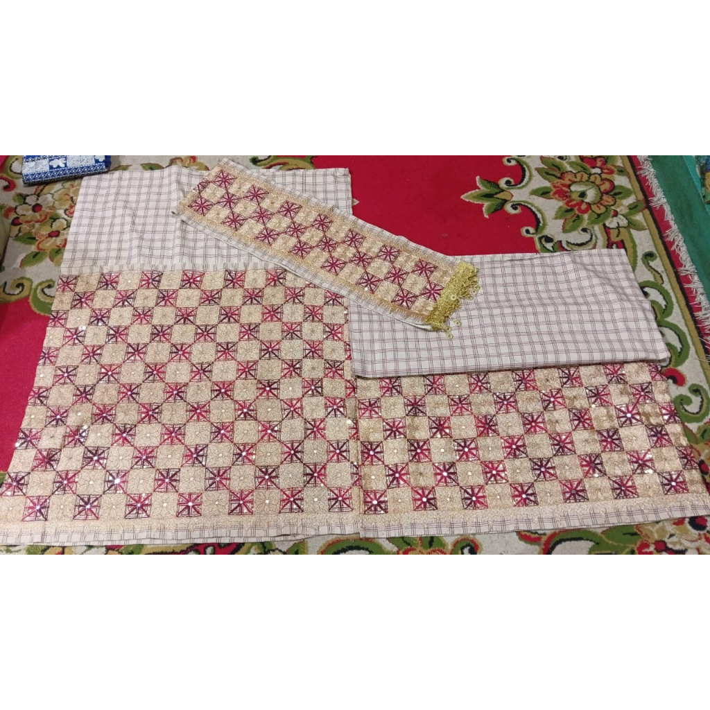 tapis songket lampung benang sulam emas asli handmade mama papa + peci motif antik full