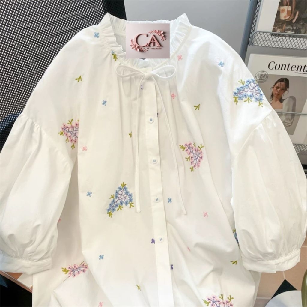 Blouse Wanita Bordir Bunga Lengan Balon | Atasan Wanita Putih Korea | Kemeja Wanita Casual Elegan
