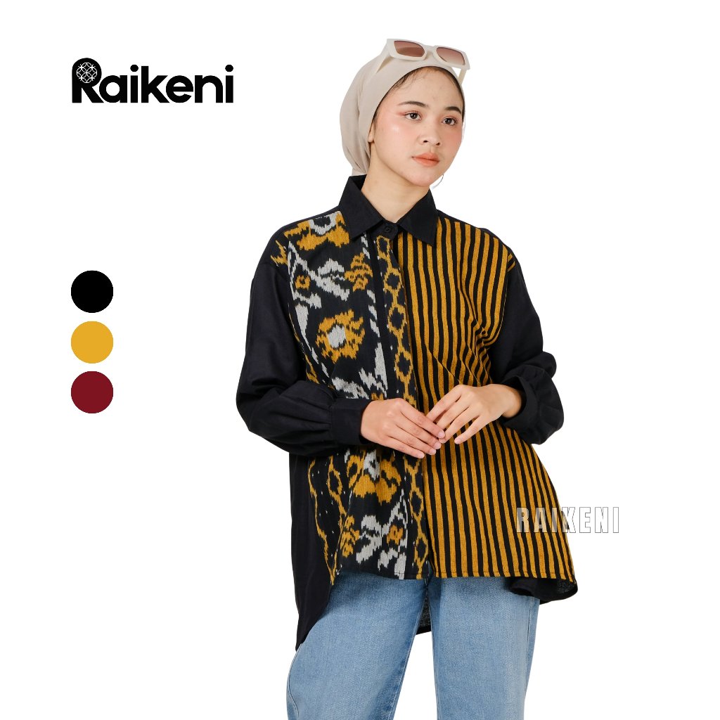 RAIKENI Kemeja Nara | Kemeja Blouse Batik Tenun Kuning Wanita | Blouse Santai Kemeja Undangan Etnik