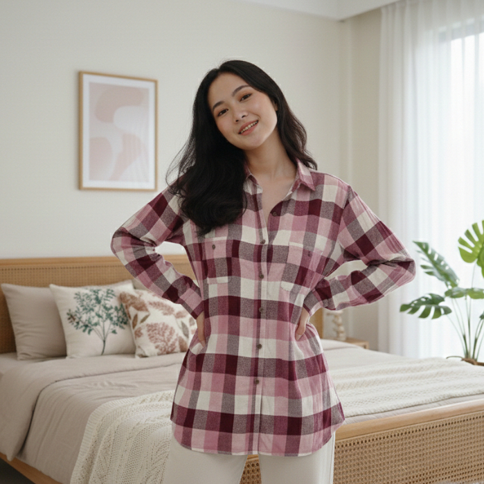 Atasan Tunik Wanita Katun Kotak Motif Dongker Abu Bata Coklat M L XL XXL