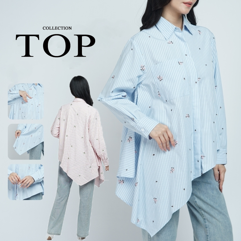Kemeja Wanita Garis Putih Biru Muda Motif Bordir Bunga Oversize - Bahan Katun Premium Anti Kusut Kor