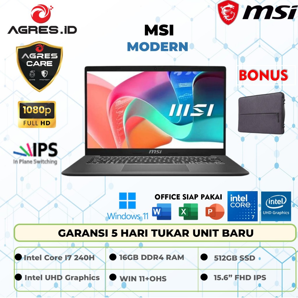 MSI MODERN 15H CORE I7 240H 16GB 512GB W11+OHS 15.6FHD IPS BLIT 2Y BLK