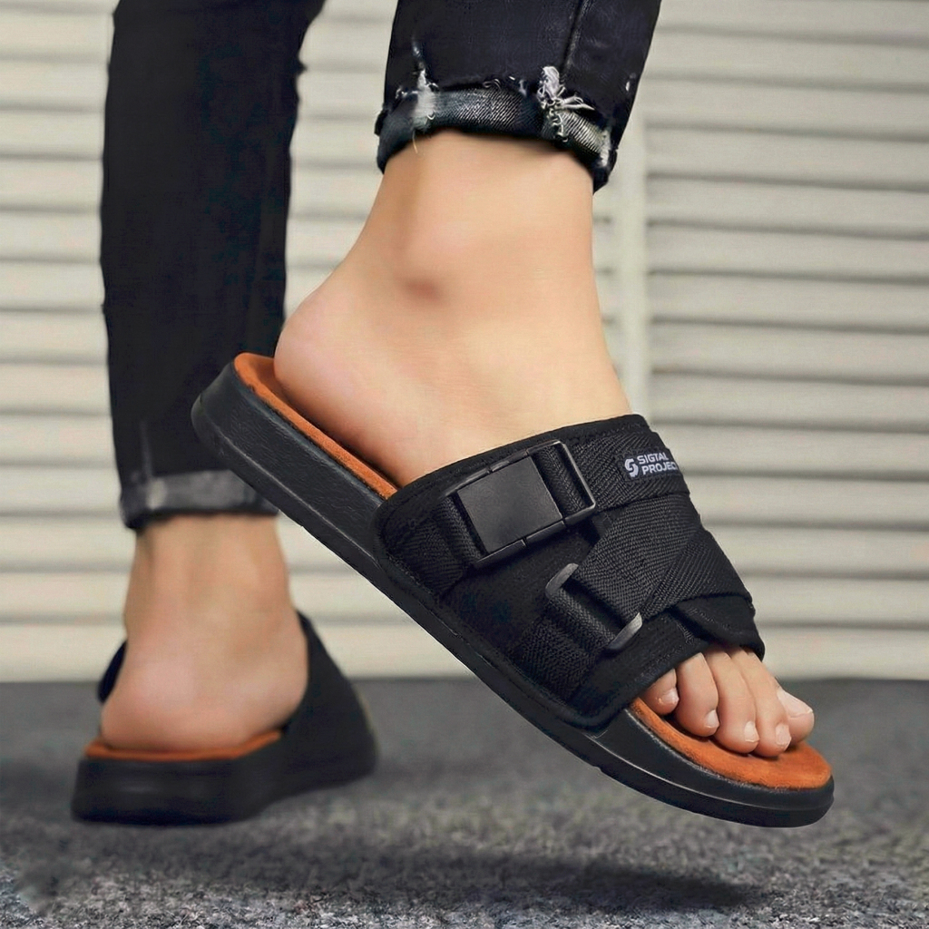 SIGMA PROJECT - Sandal Slide Pria Slipper Hitam Casual