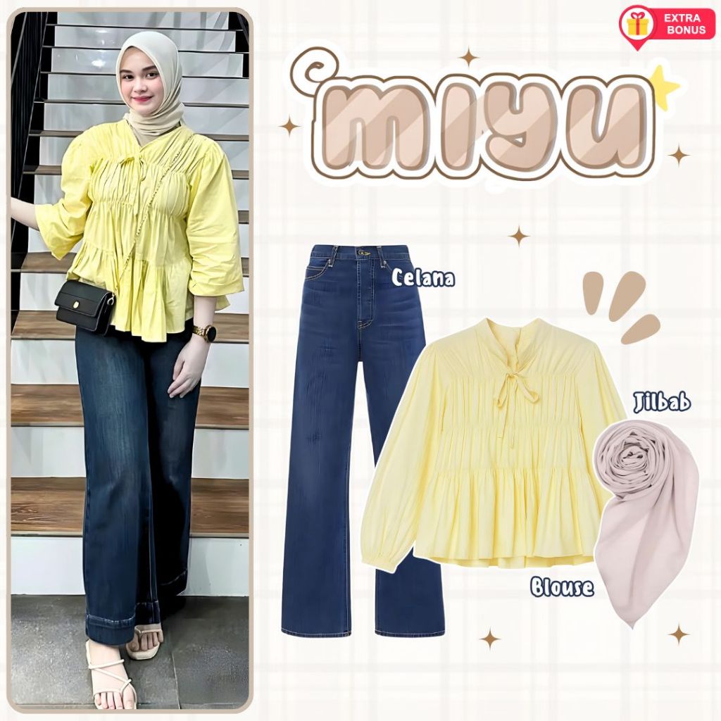 oneset 3in1 Blouse mireya + Celana Kulot Jeans + Jilbab Bellasquare | ootd outfit cewek wanita anak 