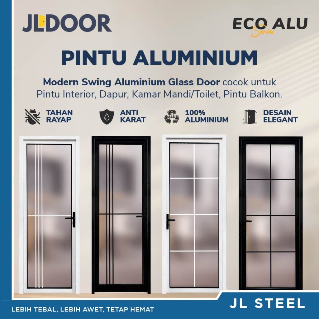 JLDOOR Pintu Aluminium ECO ALU Pintu Kaca Tempered - Pintu Kamar Mandi Dapur Interior