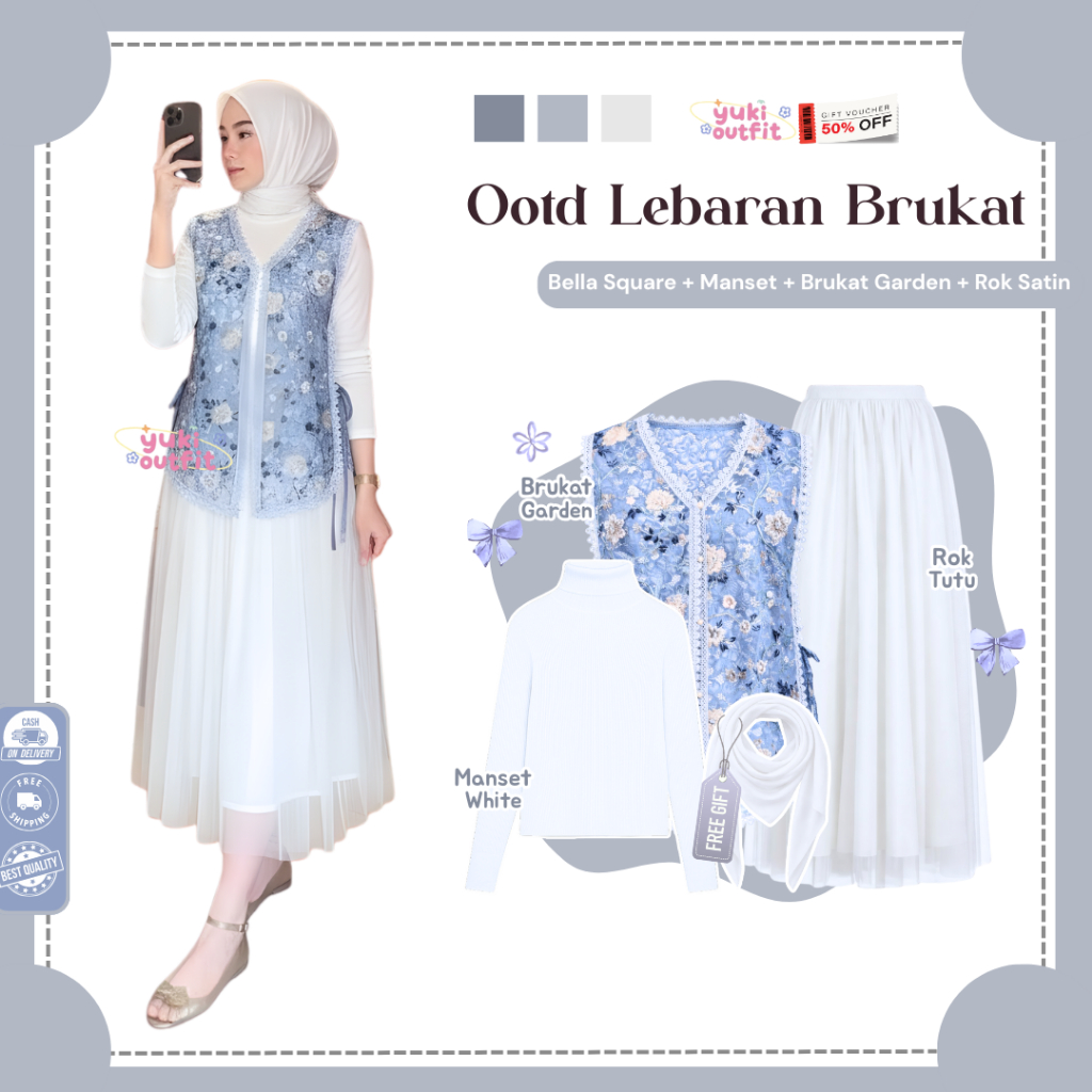 Outfit Brukat Wanita (Jilbab,Manset,Vest Brukat,Rok Tutu) 4IN1 Brukat Ootd Idul Adha Kondangan-N119
