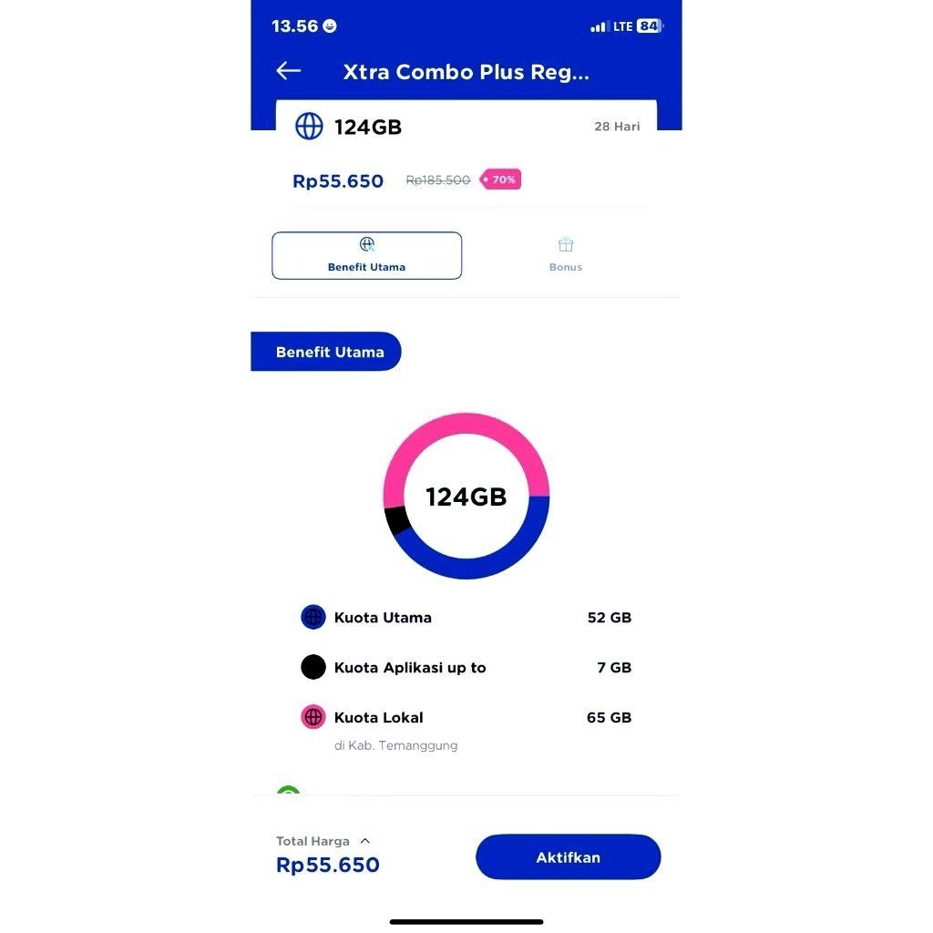 Kartu Xtra Combo Plus Diskon 70% 124GB area 4 XL PERPANJANGAN OTOMATIS