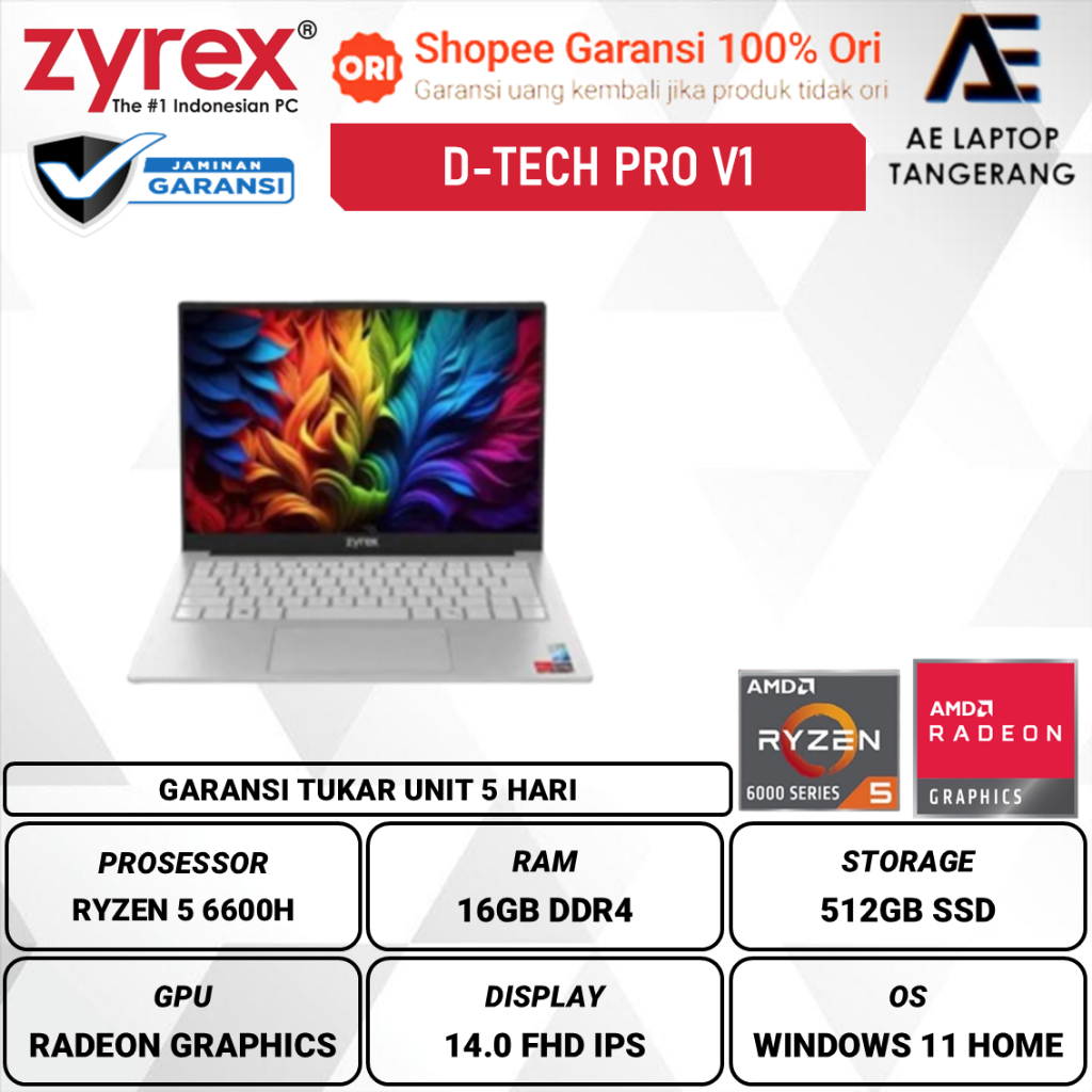 Zyrex D-Tech Pro V1 AMD Ryzen 5 6600H 16GB 512GB W11 14.0 inch FHD IPS