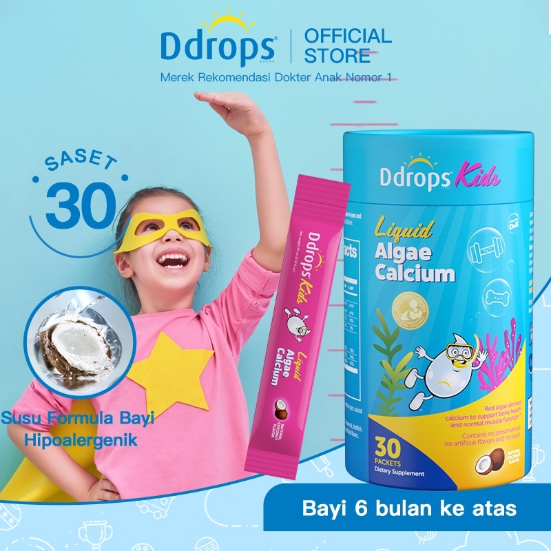 Ddrops Anak Kalsium Magnesium Seng Cair Alga (30 Paket/Kotak) | Kalsium ganda + D3 + K2 + Zinc