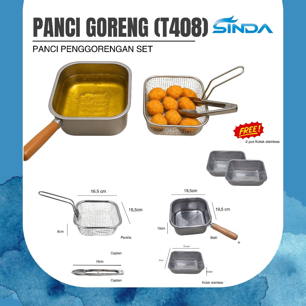 Sinda Panci Penggorengan Set T408 Include Saringan Capit dan Free Baki Nampan Stainless Serbaguna Ti