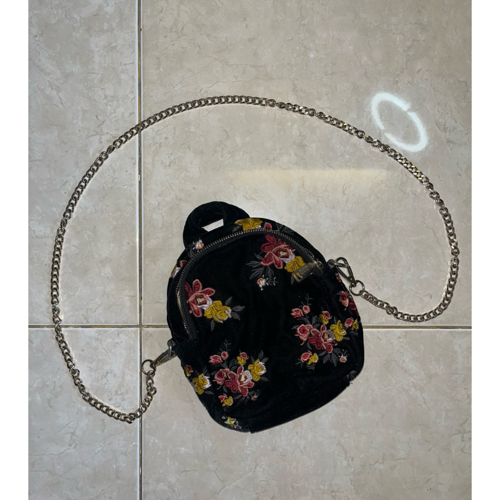 ZARA Mini Backpack Bordir Floral Hitam | Tas Selempang Rantai Wanita Estetik