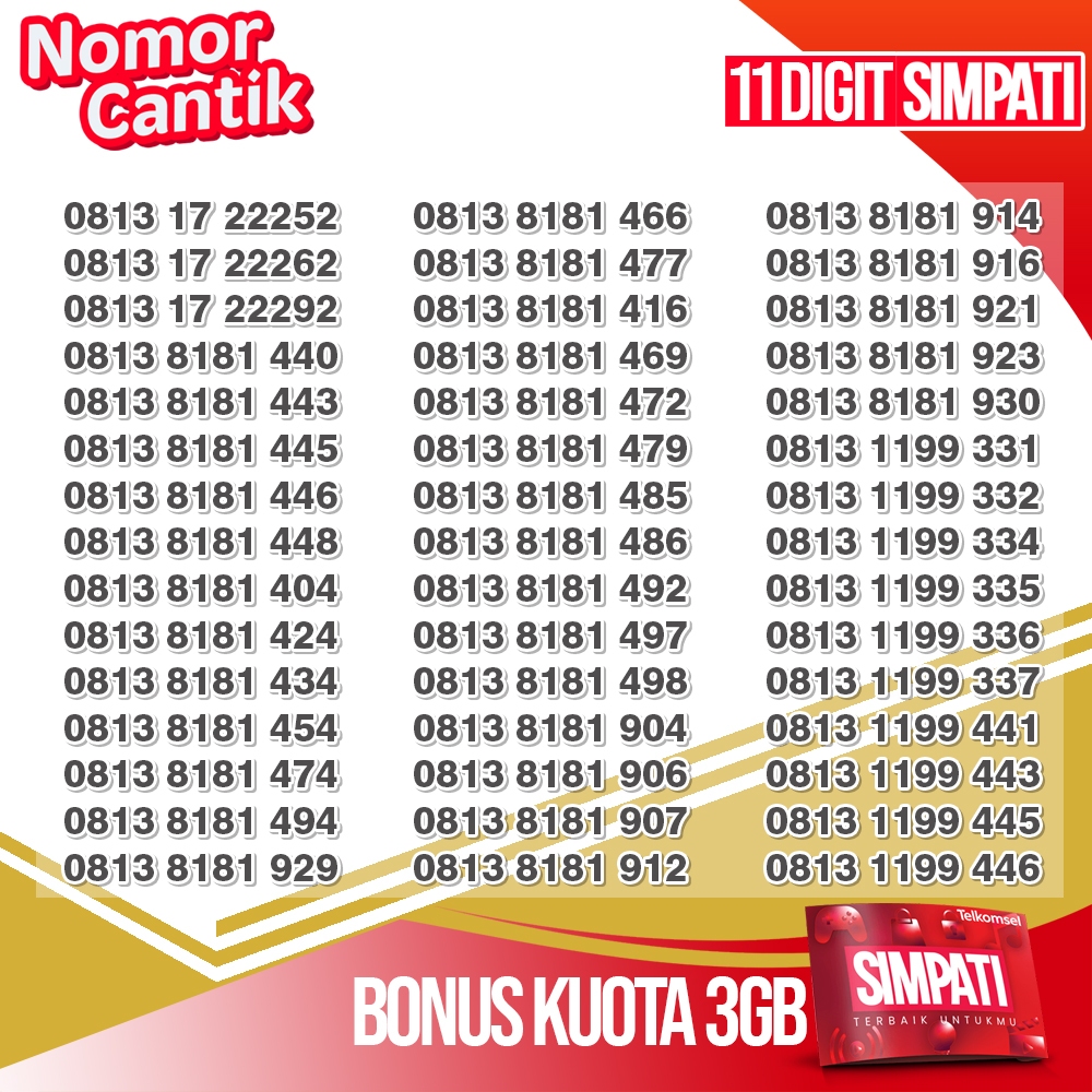 Nomor Cantik Telkomsel Simpati 11 Digit 3GB Nasional Batch 9