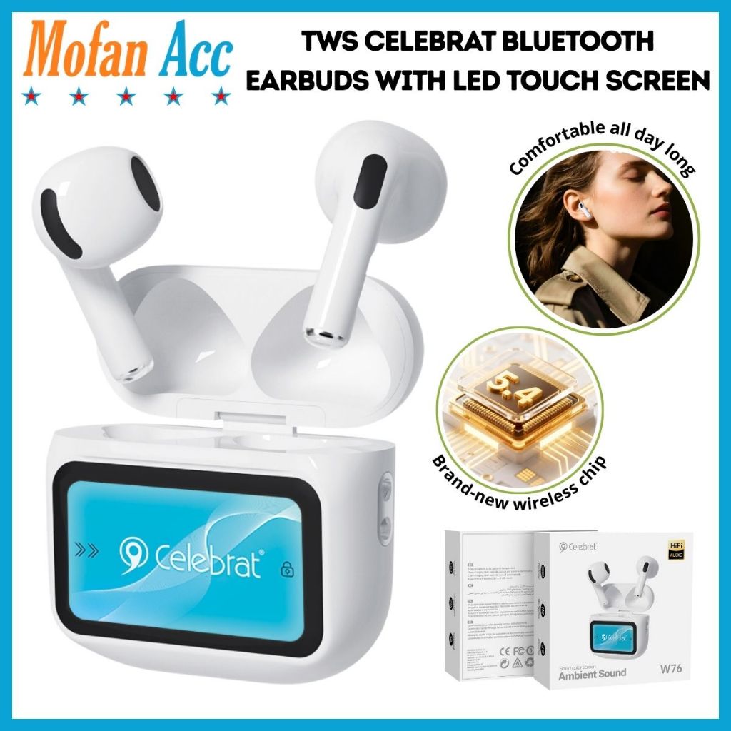 TWS Celebrat W76 Earbuds Bluetooth 5.4 Sorround Sound LED Touch Screen HiFi Audio Premium