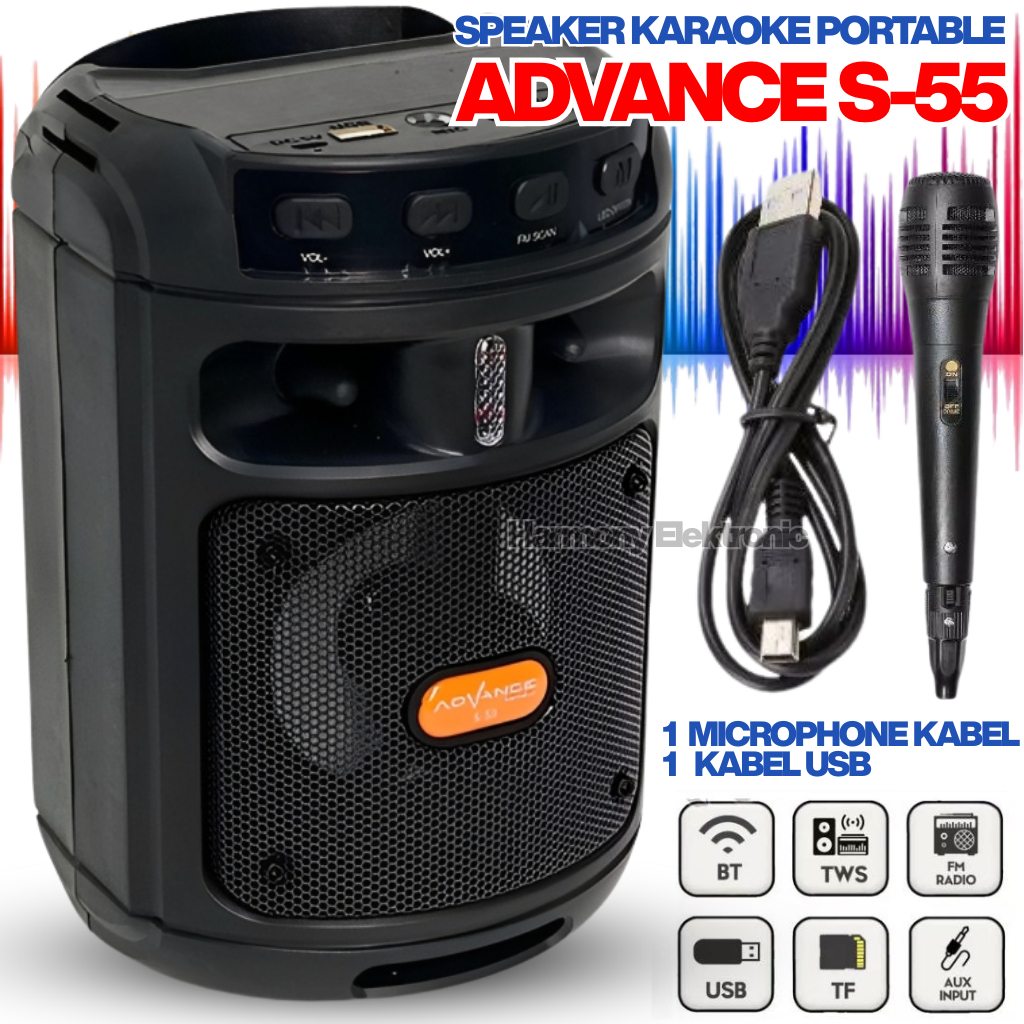Speaker Bluetooth Portable Advance S-55 Ukuran 4 Inch 10W Output TWS FM Radio Mic Input TF Card USB 
