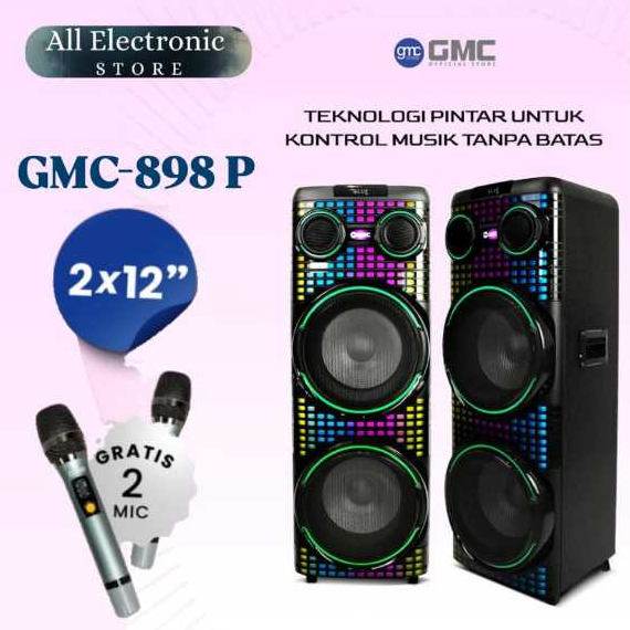 GMC 898 P 898P 898-P Speaker Stereo Ganda 12 inch Digital Led Light Free 2 Mic Microphone Wireless