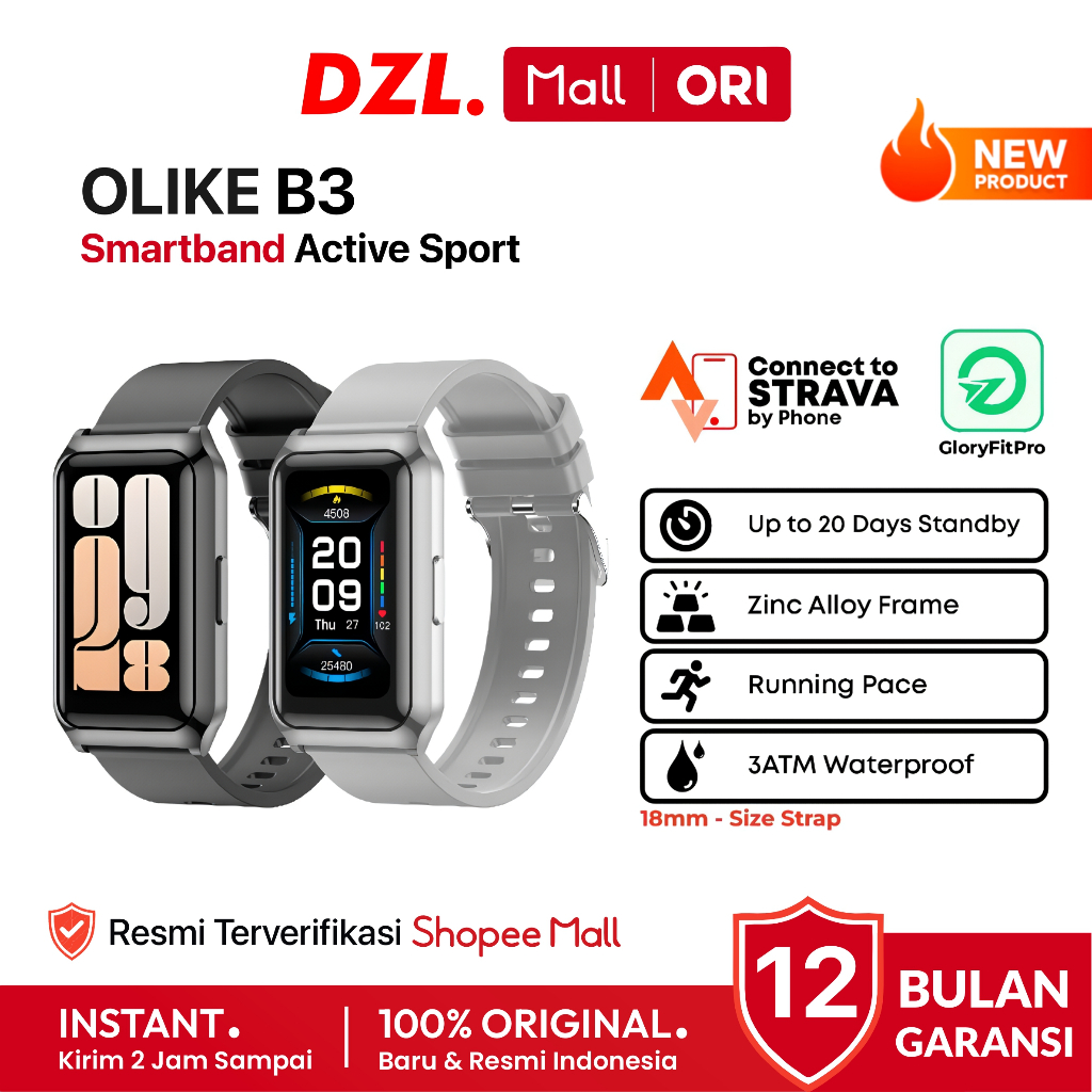 DZL - OLIKE B3 Smartband Sport 2.7D Curved 3ATM Waterproof 20 Day Battery Health Monitor Strava 18mm