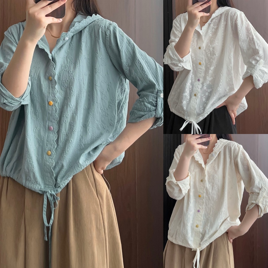 BLUS HOODIE KATUN BRUKAT BORDIR HIJAU MINT PUTIH IVORY KOREA IMPORT