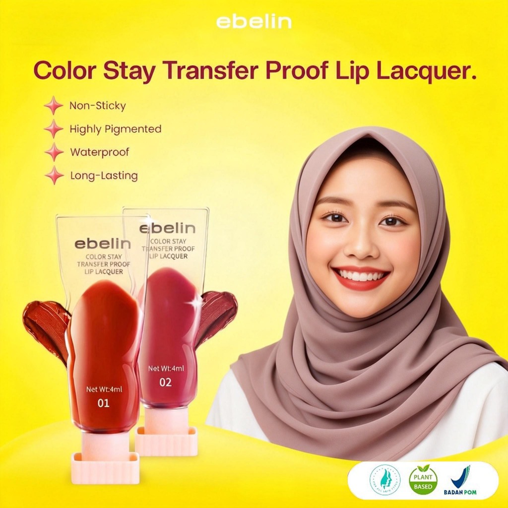 Ebelin - 4ML Lip Lacquer Warna Tahan Lama 24 Jam Anti Transfer Lip Balm Pewarna Bibir Tahan Air