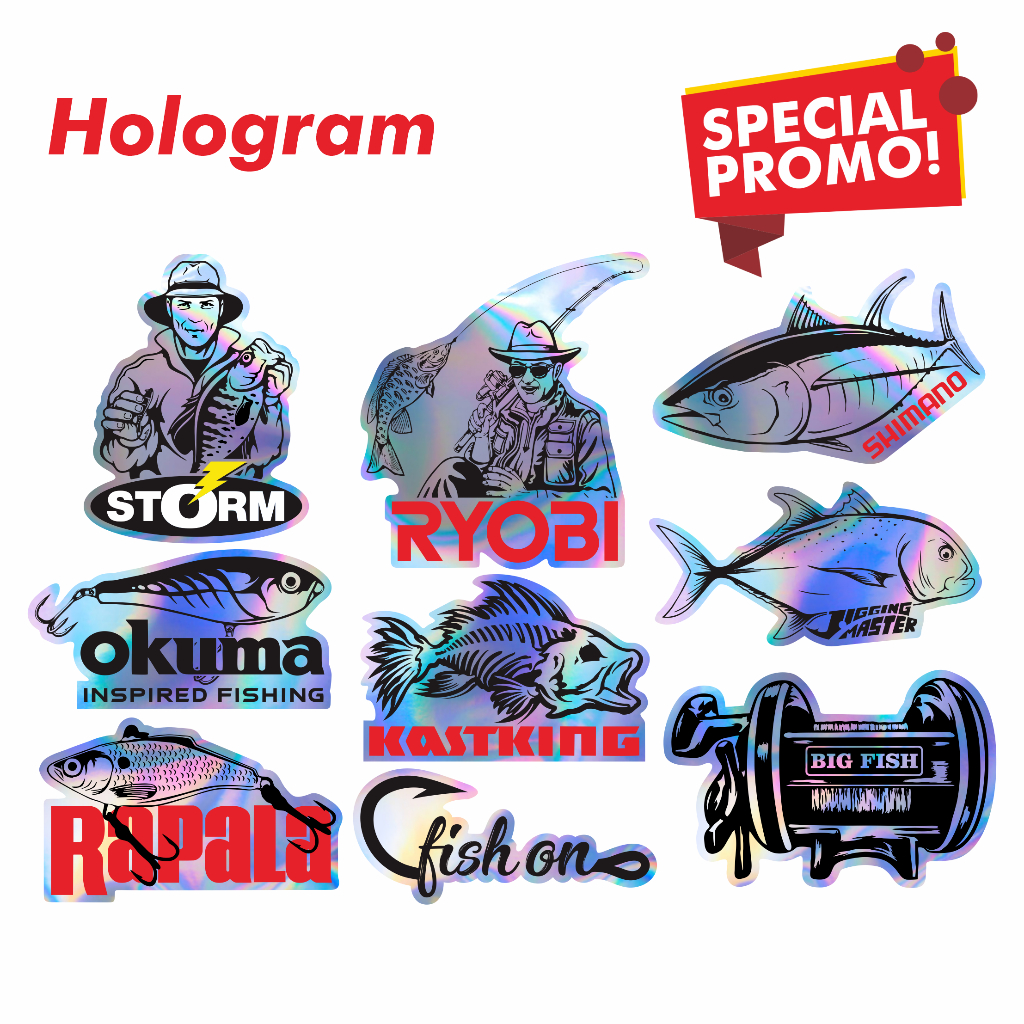 Sticker Mancing Hologram Logo Brand Mancing Terkenal - Untuk Tackle Box Kayak