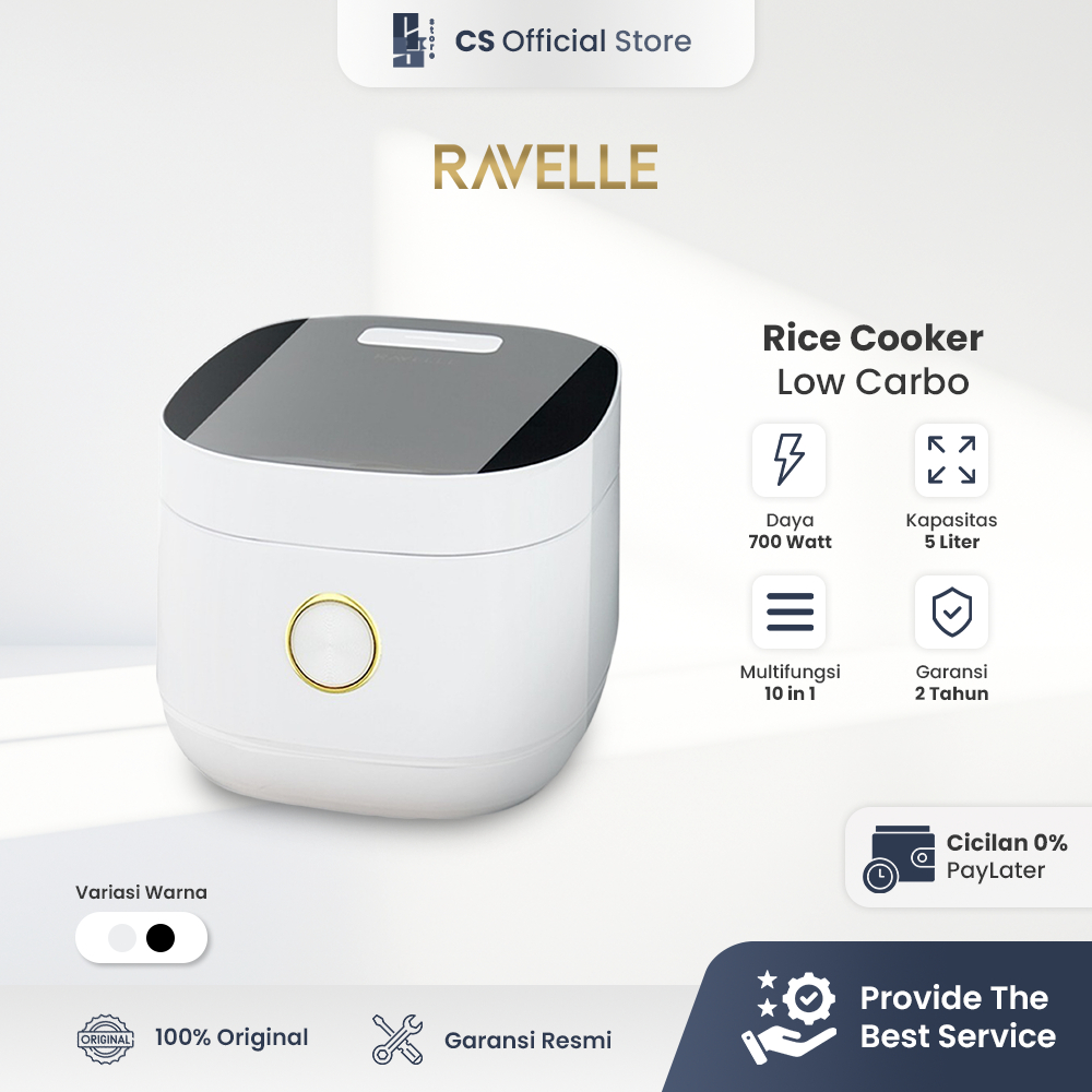 RAVELLE Rice Cooker Digital Low Carbo 5L- Penanak Nasi - Low Watt - Black | Rice Cooker Low Carbo 5L