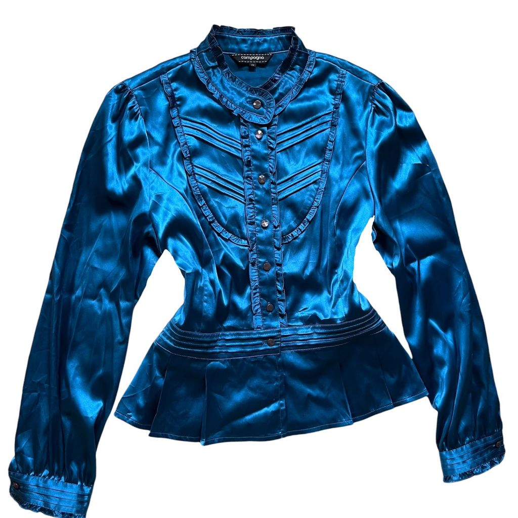 Silky Victorian Milkmaid Vintage Buttoned Up Puffy Balloon Sleeves Top | Blouse Blus mock neck leher