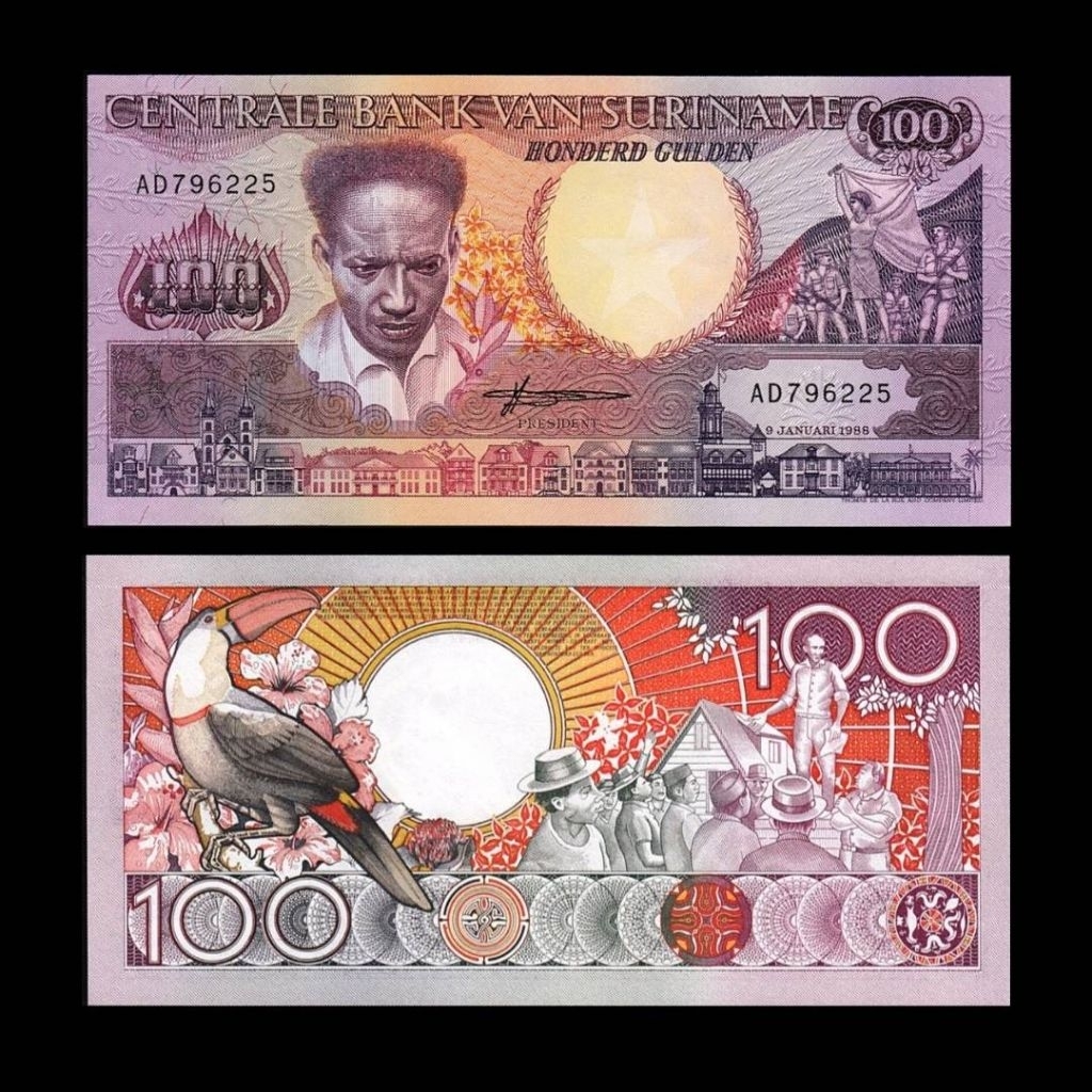 UANG SURINAME 100 GULDEN 1988 UNC GRESS ORIGINAL BANKNOTE