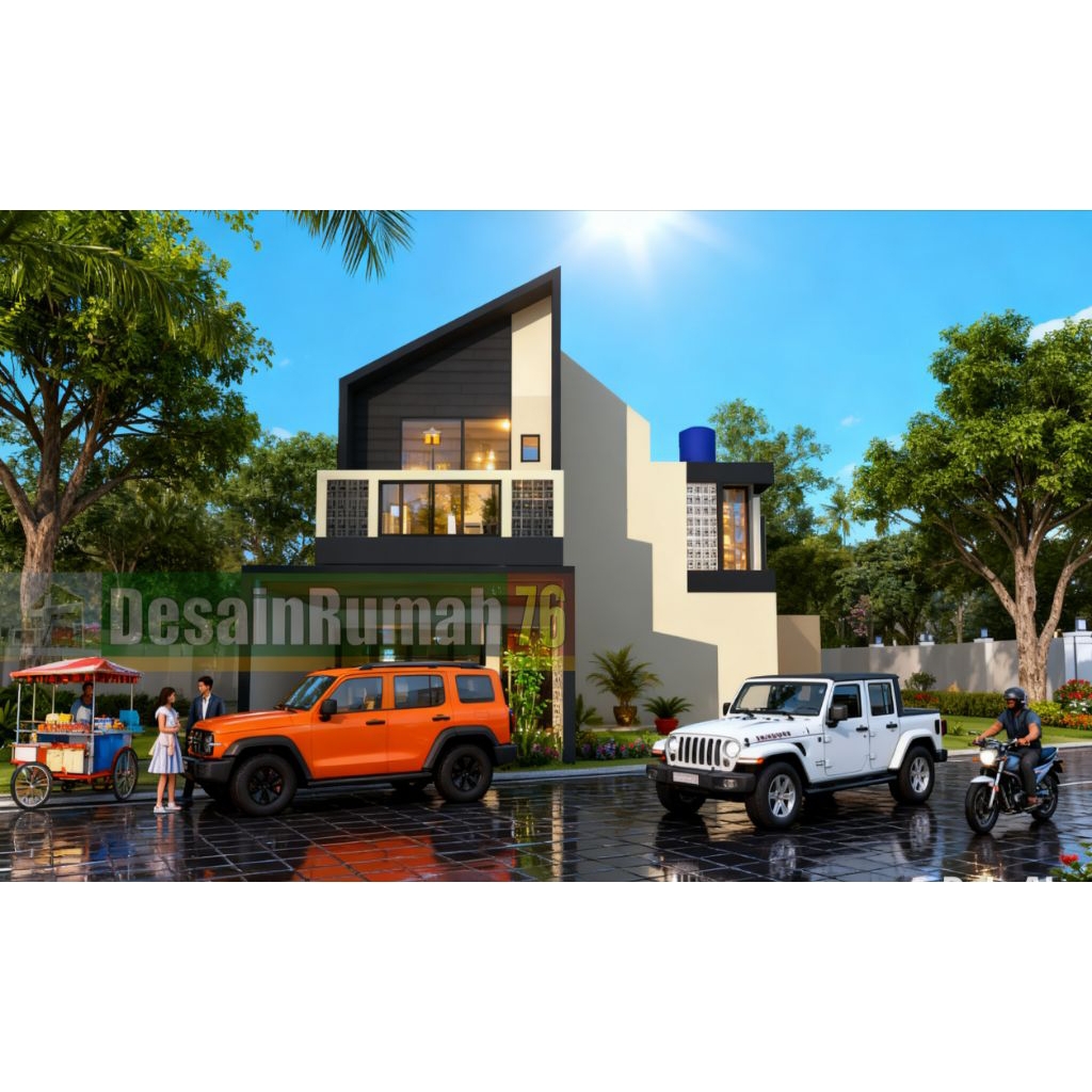 Desain rumah minimalis 4x17, 3 kamar, Rumah 2 lantai lebar 4 meter, Rumah unik di lahan bentuk L, ja