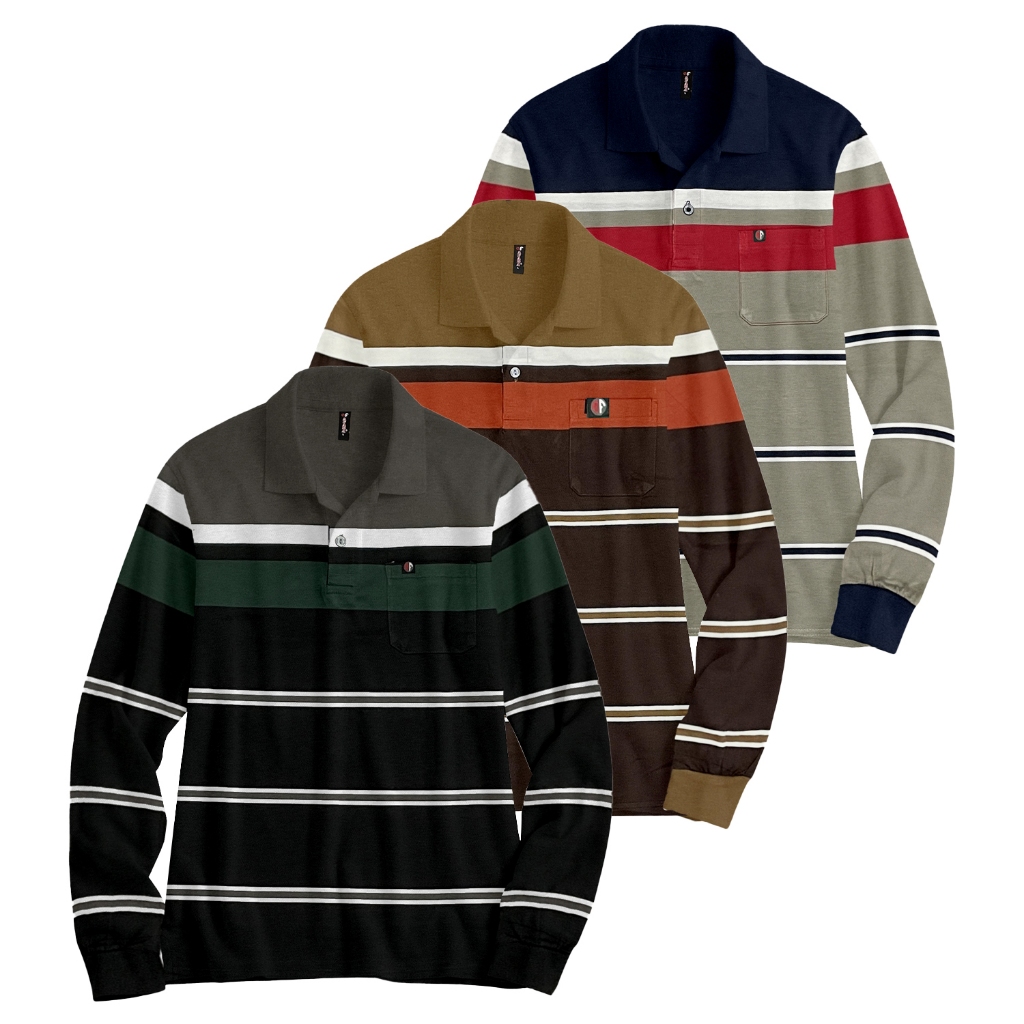 Ds - Kaos Kerah Pria Motif Salur Saku Dewasa Lengan Panjang | Kaos Distro Stripe Kerah Polo