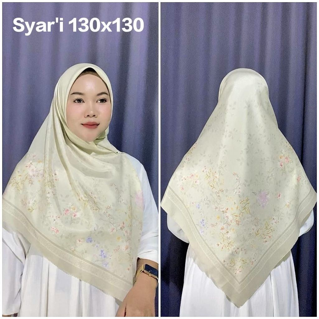 KERUDUNG SYAR'I JUMBO HIJAB SEGI EMPAT VOAL MOTIF BUNGA AMELIA HIJAU MINT UK 130X130 SYARI