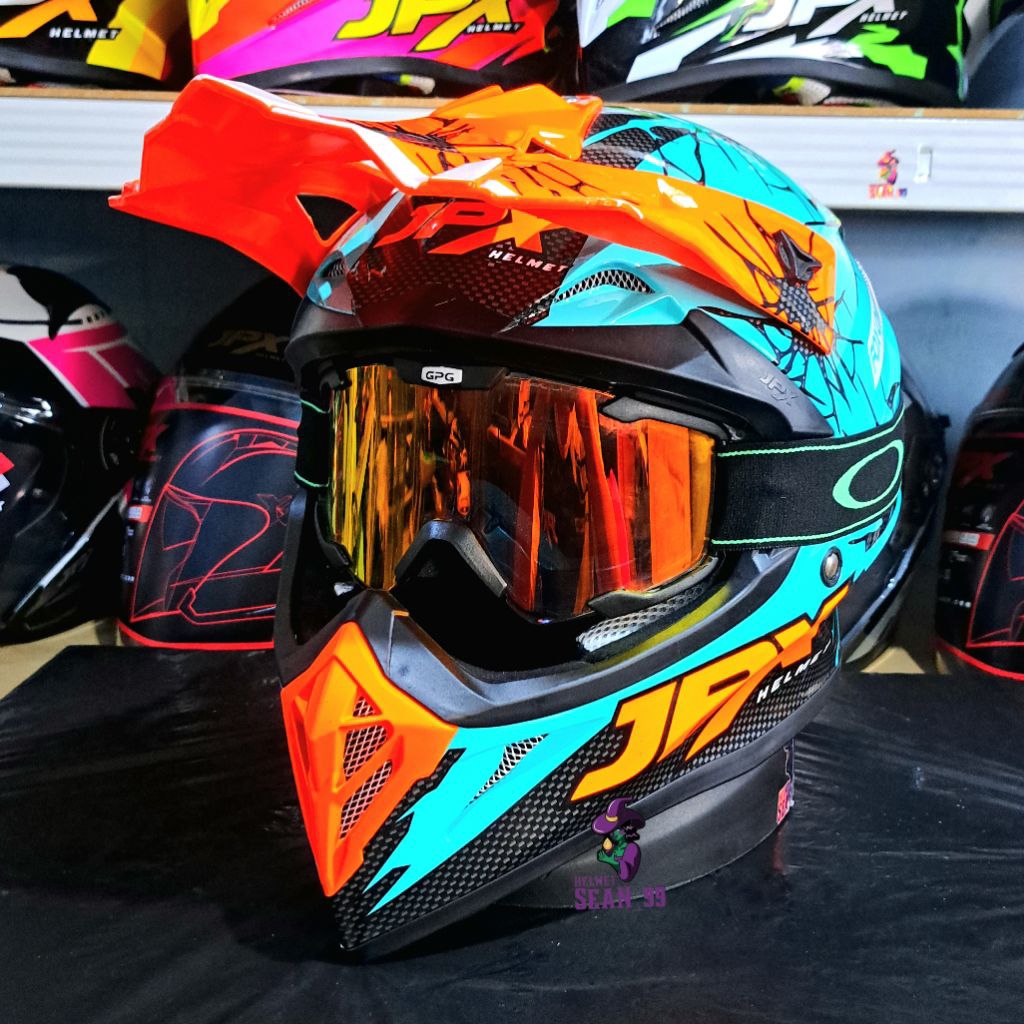 HELM JPX CROSS FOX1 MOTIF X34 GREEN TOSCA FULL FACE ORIGINAL SNI DOT