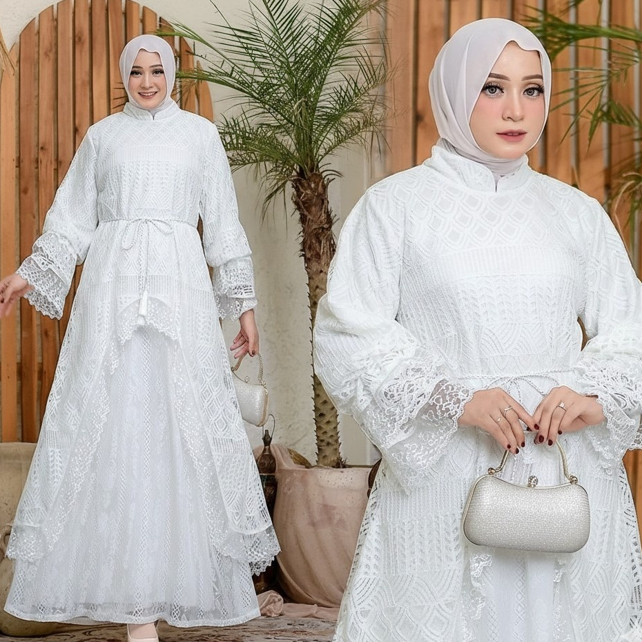 Gamis Brokat Renda Bini Orang Putih Luxury Premium Gamis Kondangan Wanita Terbaru
