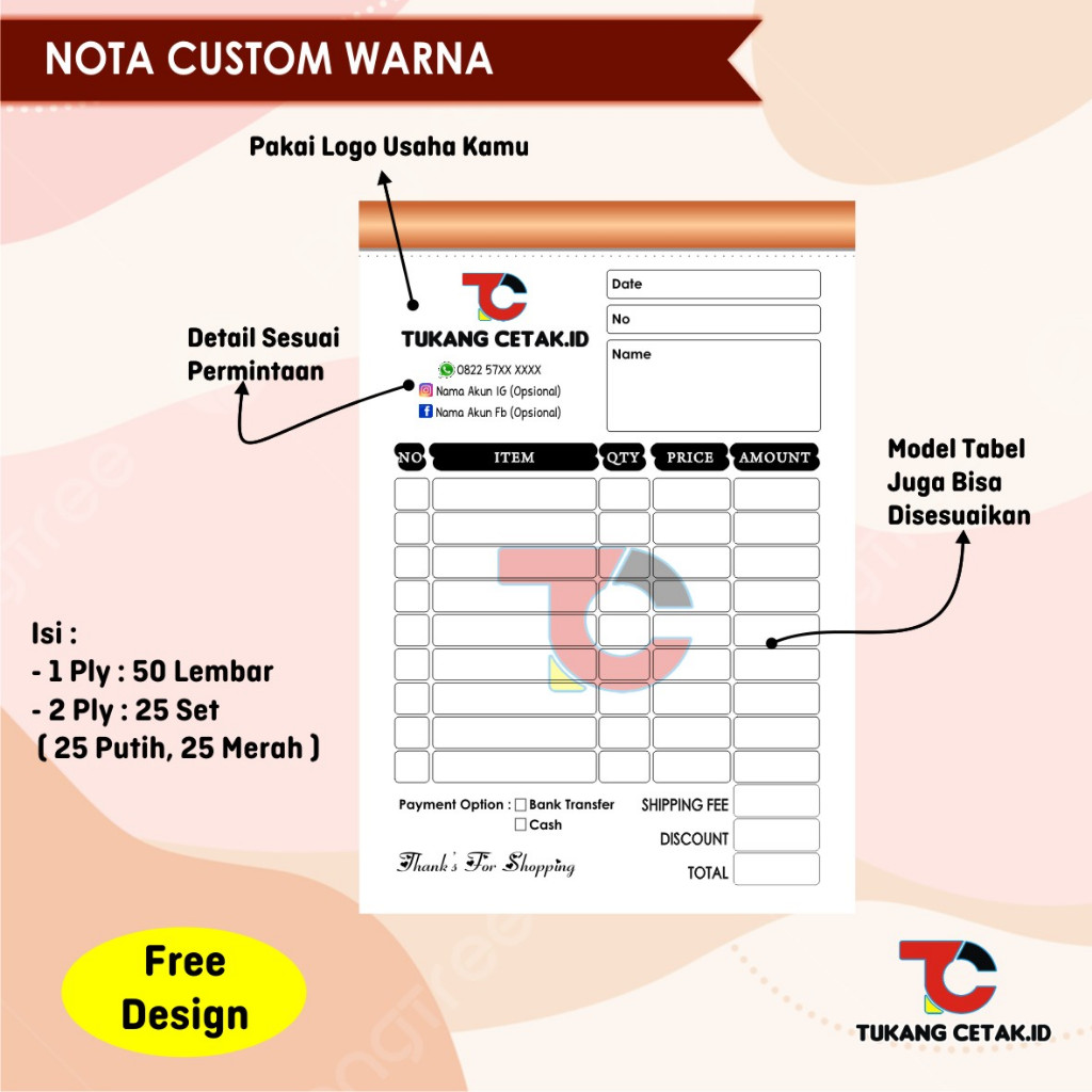 [SATUAN / ECER] Nota Custom Full Color / Nota Olshop / Nota Online Shop ¼ Folio - HVS