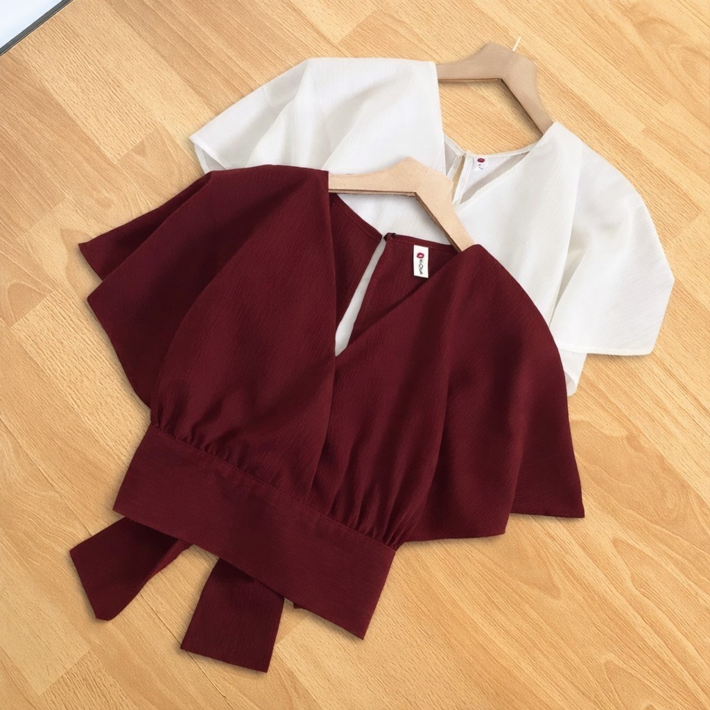 Vallina Outfit Femei Outer Blouse Slit Back Self Tie Wrap Crop Top Wanita Korean Style Bow Back