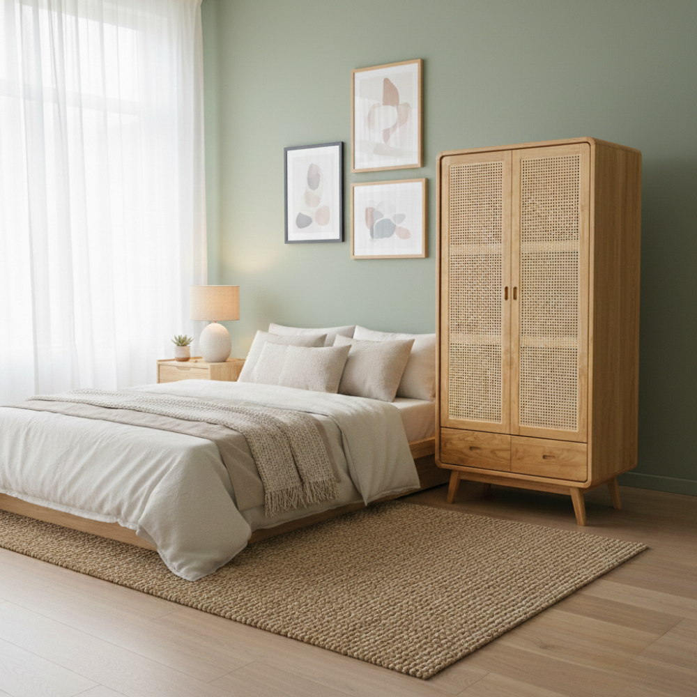 Lemari Baju 2 Pintu Aesthetic Kayu Jati Anyaman Rotan