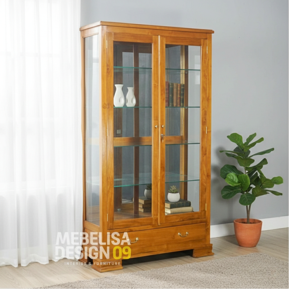 Lemari Hias Pajangan Minimalis Kayu Jati Rak Kaca 2 Pintu