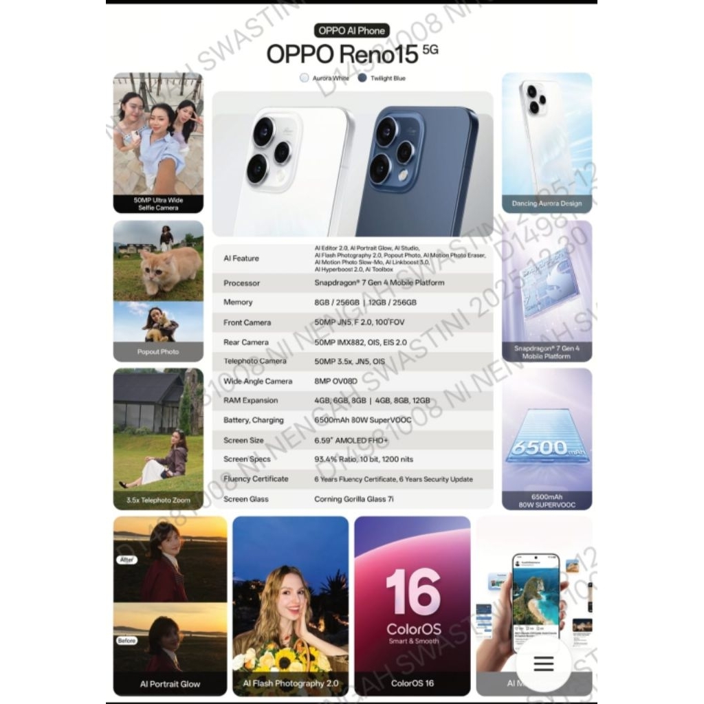 Oppo Reno 15 5G Dengan Snapdragon 7 Gen 4 RAM 8GB/ ROM 256GB dan RAM 12GB/ ROM 256GB