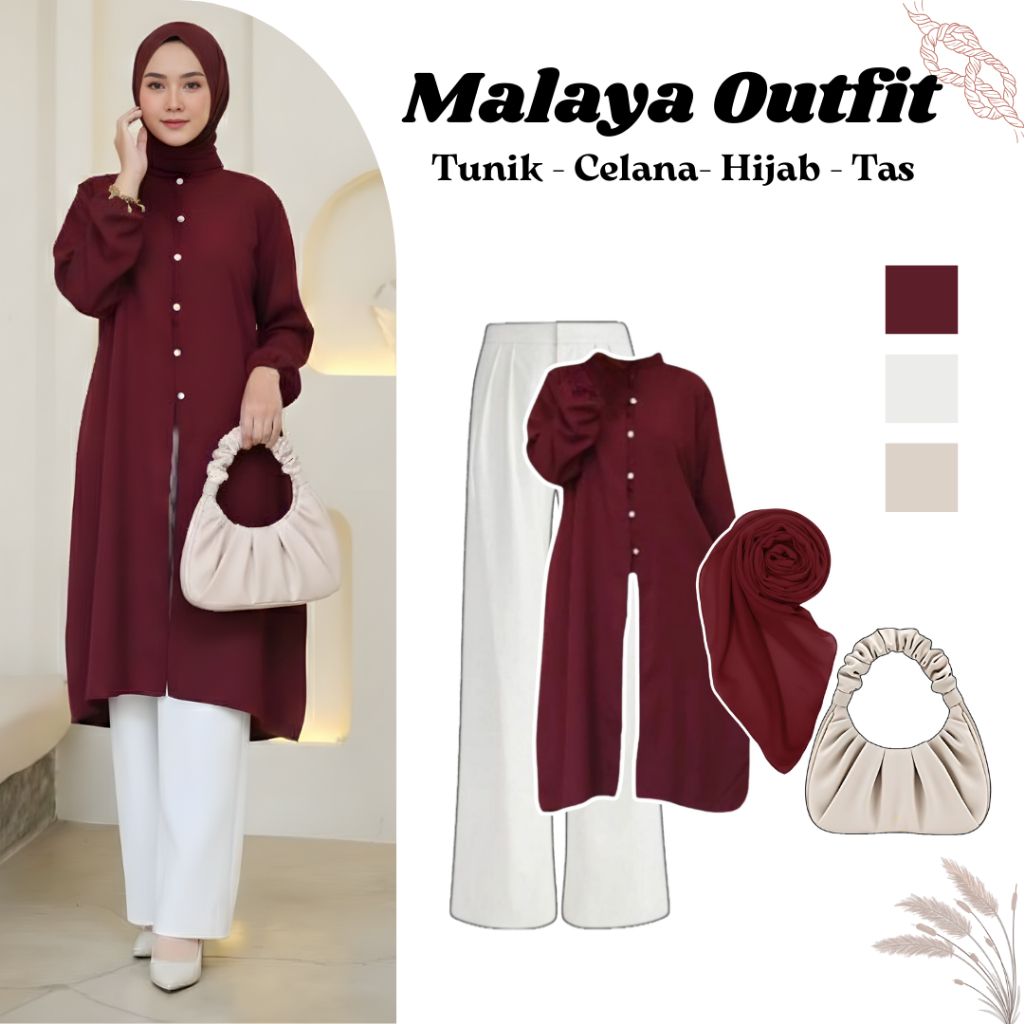 Malaya Outfit Hijab Style Kekinian ( Tunik - Celana - Bella Square - Tas ) Setelan Lebaran l TM123