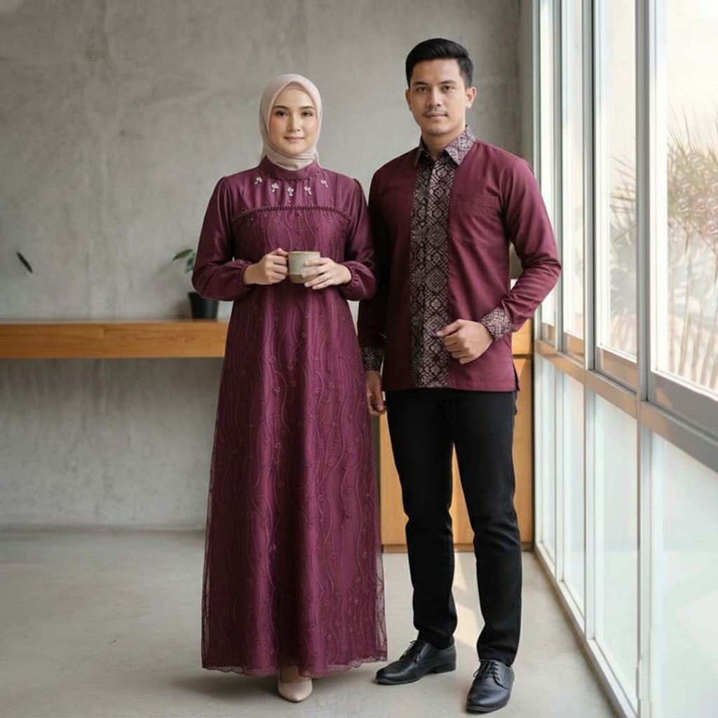 Batik Couple Termurah - Couple Gamis Lebaran 2026 Brokat Tulle Pasangan Mikayla Gamis Mahogany Wanit