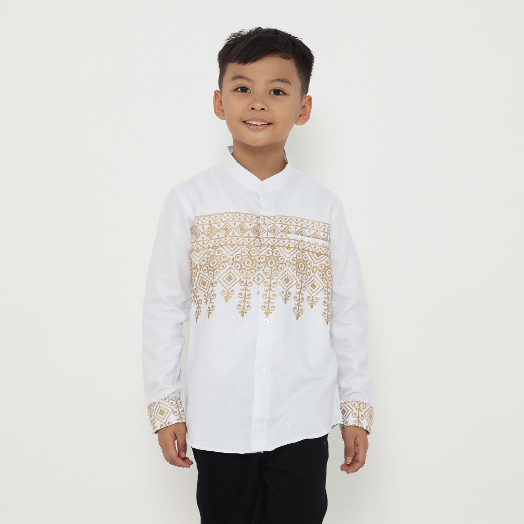 Dancus Baju Koko Anak Kemeja Kerah Shanghai Lengan Panjang Motif Bordir Warna Putih Emas OLRM287