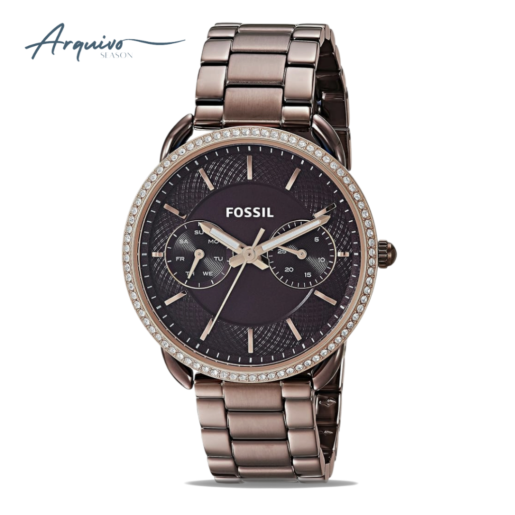 Jam Tangan Wanita Fossil Tailor Chronograph Brown Stainless Steel Mewah Elegant Luxury Watch Origina